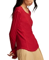 Lucky Brand Women's Cotton Textured Mixed-Sleeve Henley Top