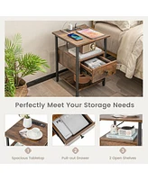 Gymax 2PCS Nightstand Bedside Sofa End Table w/ Charging Station Open Shelves & Drawer