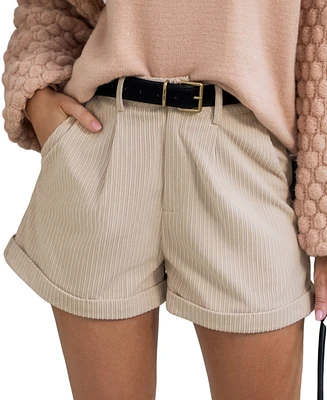 Cupshe Women's Beige Ribbed Cuffed Hem Straight Leg Shorts