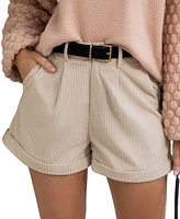 Cupshe Women's Beige Ribbed Cuffed Hem Straight Leg Shorts