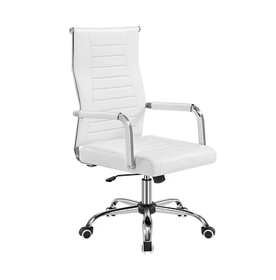 Yaheetech 360° Swivel Mid-back Modern Faux Leather Office Desk Chair with Chrome-plated Metal Base and Covered Armrests, White