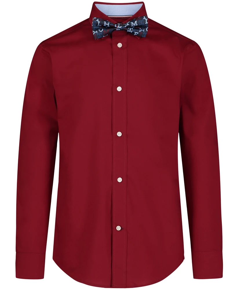 Tommy Hilfiger Big Boys Long Sleeve Stretch Solid Poplin Shirt and Bow Tie