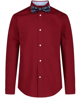 Tommy Hilfiger Big Boys Long Sleeve Stretch Solid Poplin Shirt and Bow Tie