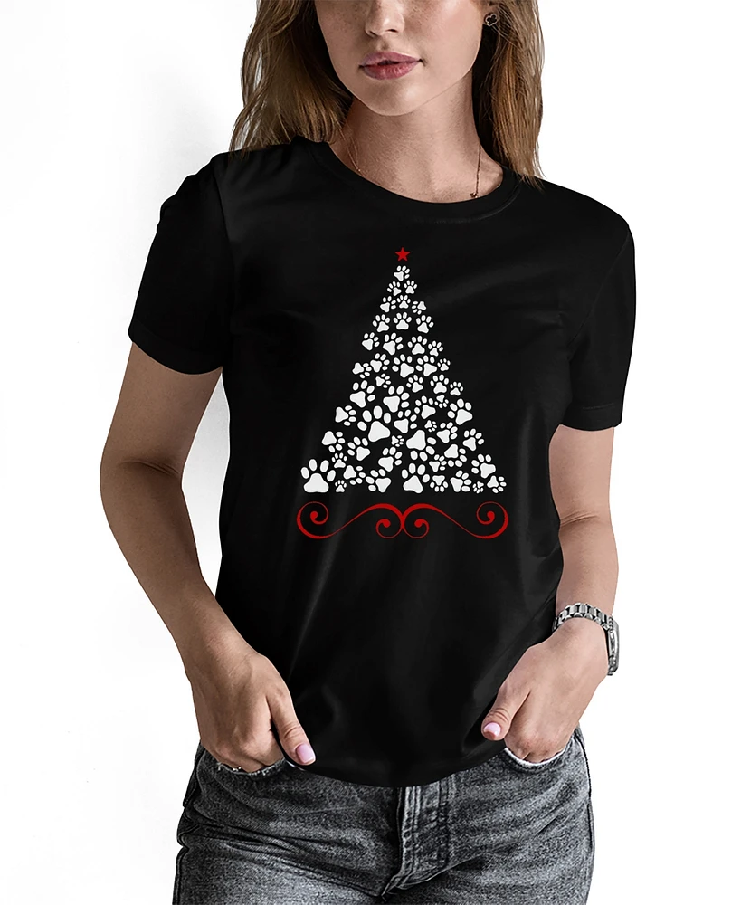 La Pop Art Women's Paw Christmas Tree Crew Neck T-Shirt