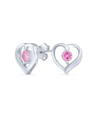 Bling Jewelry Pink Solitaire Cubic Zirconia Open Heart Stud Earrings .925 Sterling Silver