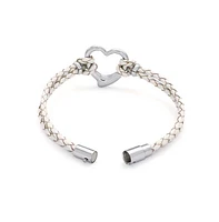 Bling Jewelry White Double Strand Braided Leather Bracelet Heart Charms Stainless Steel