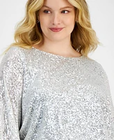 Tahari Asl Plus Size Sequin Round-Neck Long-Sleeve Blouse