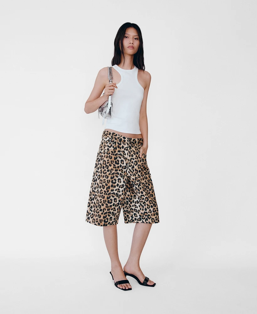 Mango Women's Leopard-Print Denim Bermuda Shorts