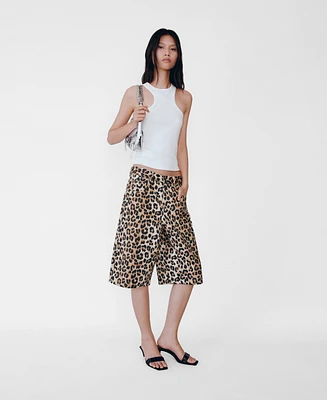 Mango Women's Leopard-Print Denim Bermuda Shorts