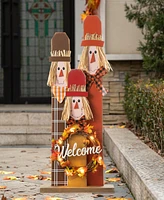 Glitzhome 36.25"H Lighted Wooden Scarecrow Family Porch Decor Wreath, With Timer