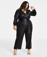 Nina Parker Trendy Plus Long-Sleeve Metallic Jumpsuit