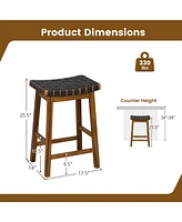 Woven Saddle Stools Set of 2 25.5'' Faux Pu Leather Counter Height Kitchen Stool