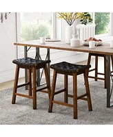 Costway Woven Saddle Stools Set of 2 25.5'' Faux Pu Leather Counter Height Kitchen Stool