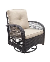 3 Pieces Conversation Set, Outdoor Wicker Rocker Swivel Patio Bistro Set, Rocking Chair with Glass Top Side Table, Khaki