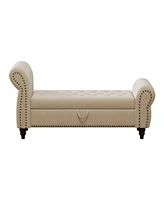 Streamdale Furniture 64.5" Bed Bench for Bed Room Nails Tufted Chaise of Lounge with Storage Velvet Upholstery Beige