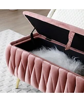 Simplie Fun Oval Storage Bench with Gold Legs, Velvet Fabric Upholstered Ottoman Storage Benches for Bedroom End of Bed, Sherpa Fabric Bench for Livin