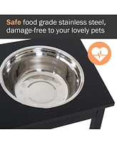 23" Modern Decorative Dog Bone Wooden Heavy Duty Pet Food Bowl Elevated Feeding Station - Black