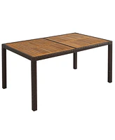 7-Piece Outdoor Patio Dining Set, Garden Pe Rattan Wicker Dining Table and Chairs Set, Acacia Wood Tabletop, Stackable Armrest Chairs with Cushions, R