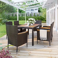 Streamdale Furniture 7-Piece Outdoor Patio Dining Set, Garden Pe Rattan Wicker Dining Table and Chairs Set, Acacia Wood Tabletop, Stackable Armrest Ch