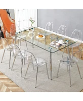 Simplie Fun Table and chair set.Modern rectangular glass dining table with tempered glass countertop and silver metal legs, paired with multiple trans