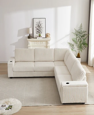 110-Inch Oversized Corduroy Corner Sofa, L Shaped Corner Couch with two storage spaces, Usb port & T-pyce port and Cup-holder