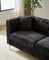 60-Inch Chenille Pull Buckle Design Sofa for Living Room, Buttons Tufted With Copper Nail Decoration Armrest, Modern Couch Upholstered Button And Meta