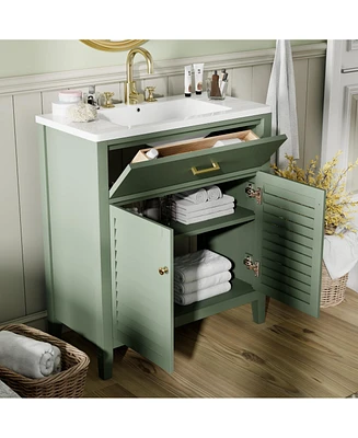 30-Inch Bathroom Vanity with Ceramic Sink Combination, Ample Storage - Features 1 Pullout and Multifunctional Shelf Dividers