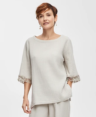 Jm Collection Women's Boat-Neck 3/4-Sleeve Gauze Top, Created for Macy's