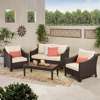 Streamdale Furniture Antibes 4Pcs Wicker Chat Set - Brown Wicker And Beige Cushion