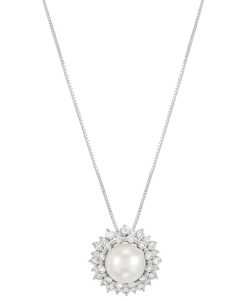 Grown With Love Cultured Freshwater Pearl (8mm) & Lab Grown Diamond (3/4 ct. t.w.) Double Halo 18" Pendant Necklace in 14k White Gold