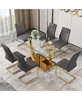 Simplie Fun Table and chair set.Modern rectangular dining table with Transparent tempered glass tabletop and gold plated metal legs.Paired with 6 comf