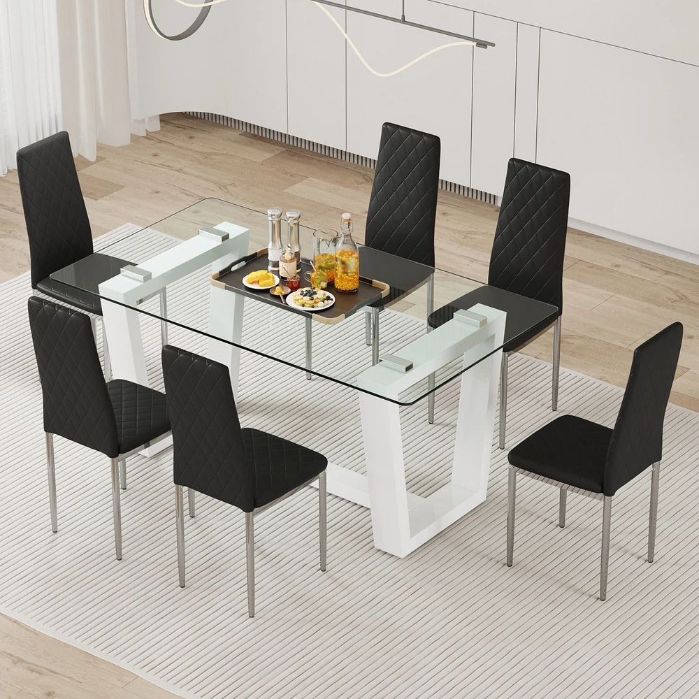 Simplie Fun Table and chair set.a rectangular dining table features with tempered glass top and sleek white Mdf stand.Paired with 6 Pu chairs with che