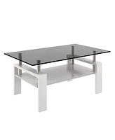 Rectangle Coffee Table, Tempered Glass Tabletop with Mdf Layer, Modern Table for Living Room, Gray Glass