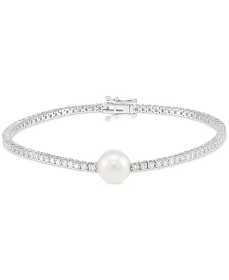 Grown With Love Cultured Freshwater Pearl (8mm)& Lab Diamond (2 ct. t.w.) Tennis Bracelet 14k White Gold