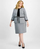 Kasper Plus Size Open Front Piped Trim Tweed Jacket Sleeveless Tweed Sheath Dress