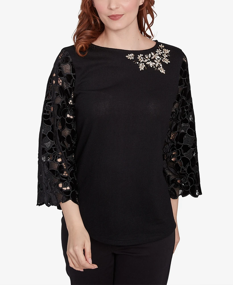 Ruby Rd. Petite Velvet Rosette Lace Sleeve Bejeweled Solid Blouse