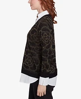 Ruby Rd. Petite Metallic Floral Layered Shirt Collar V-Neck Sweater