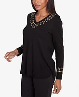 Ruby Rd. Petite Grommet Embellished Fine Gauge V-Neck Sweater