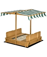 Streamdale Furniture Wooden Kids Sandbox with Cover, Children Outdoor Sand Box with Foldable Bench Seats, Adjustable Canopy, Bottom Liner for Outdoor,