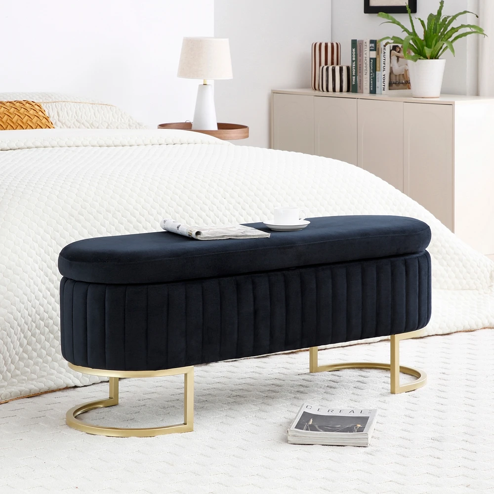 Simplie Fun Storage Bench Bedroom Bench, Velvet Oval Upholstered End of Bed Bench with Golden Metal Legs,50" Modern Storage Ottoman Bench for Bedroom