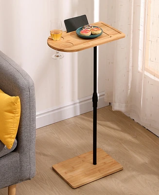 Couch Tray Table Bamboo Height Adjustable Side Table for Sofa C-shaped Oval End Tables with Slots for Bed & Chairs in Living Room & Bedroom (Oval + Re