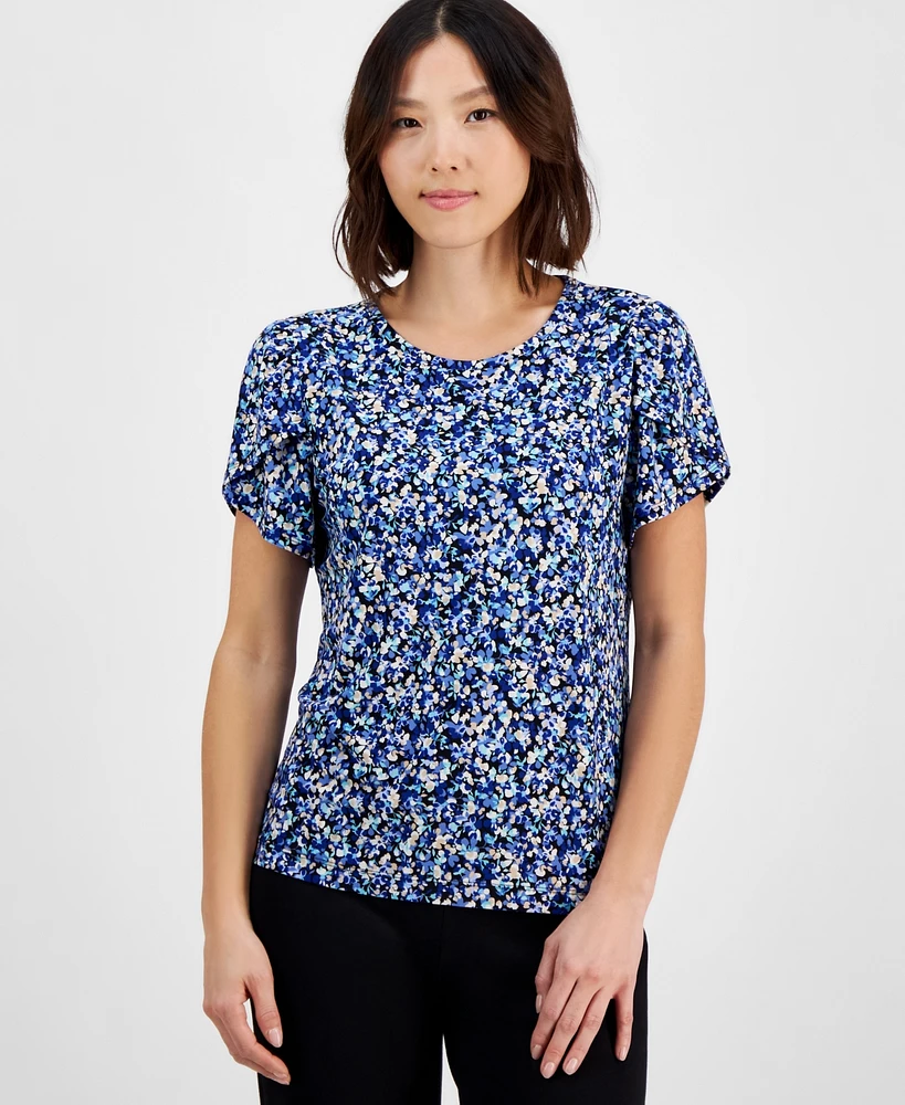 Ak Anne Klein Petite Gathered-Tulip Short-Sleeve Printed Top