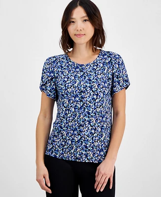 Ak Anne Klein Petite Gathered-Tulip Short-Sleeve Printed Top