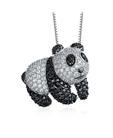 Bling Jewelry Panda Bear Pendant Necklace Black Cubic Zirconia Silver Plated