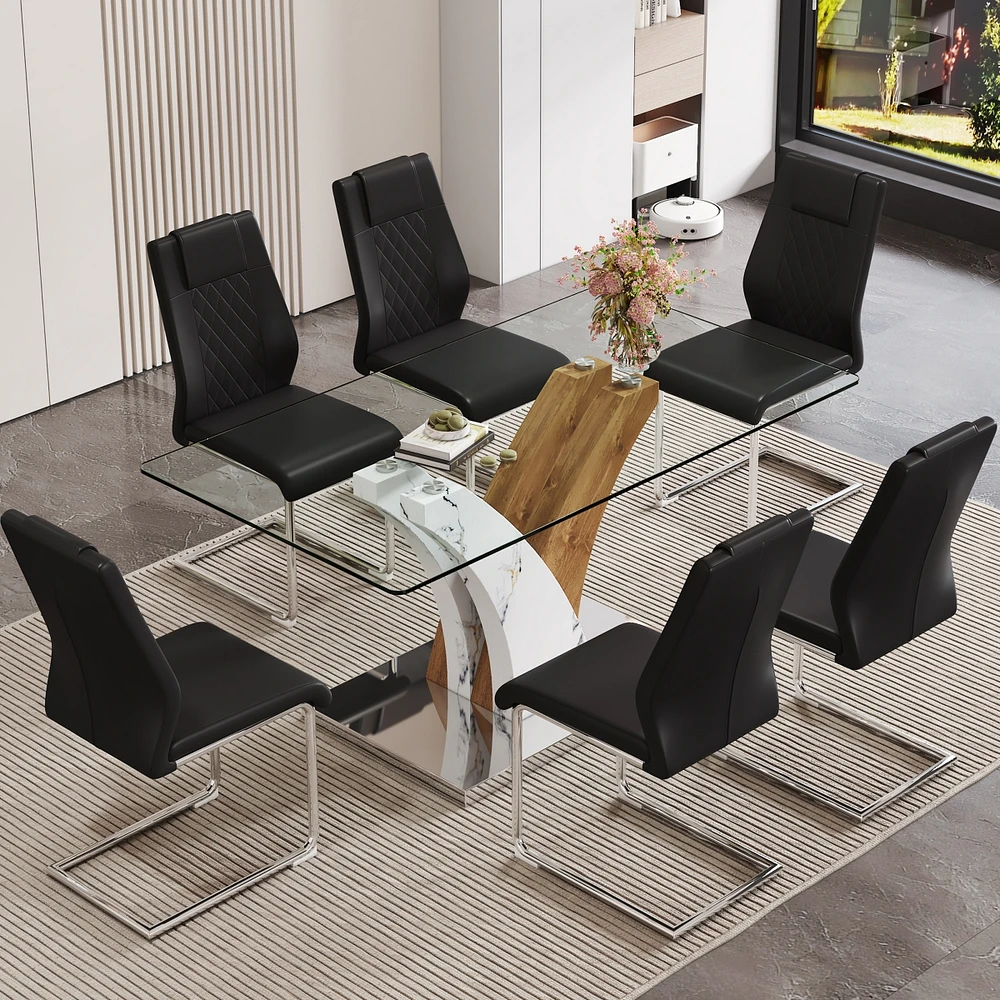 Simplie Fun Table and chair set.Modern dining table, tempered glass countertop with artistic Mdf legs.Paired with 6 comfortable chairs with Pu seats a