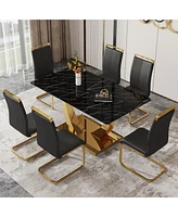 Streamdale Furniture Table and chair set.Modern rectangular dining table with black textured stickers glass tabletop and gold plated metal legs.Paired