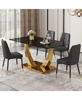 Streamdale Furniture Table and chair set.Modern rectangular dining table with black textured stickers glass tabletop and gold plated metal legs.Paired