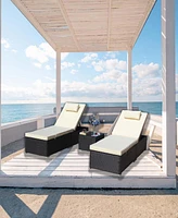 3-Piece Outdoor Patio Furniture Set Chaise Lounge, Patio Reclining Rattan Lounge Chair Chaise Couch Cushioned with Glass Coffee Table