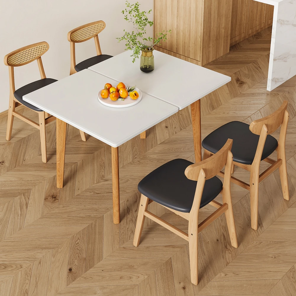 Simplie Fun Table and chair set. White sintered stone tabletop, rubberwood legs, foldable computer desk, foldable desk. Solid wood dining chair with s