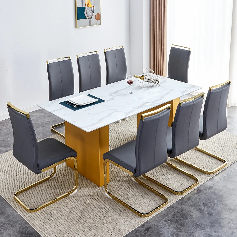 Streamdale Furniture Table and chair set.Large modern rectangular table with 0.4 inch patterned glass tabletop and large Mdf table legs.Comes with 8 c